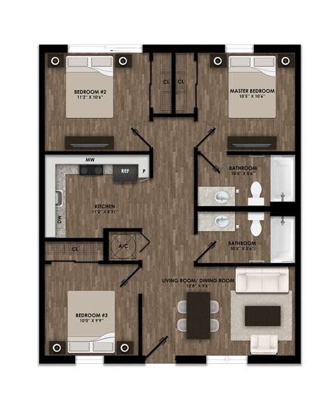 Floor plan for 3 beds, 2 baths, 929 sqft